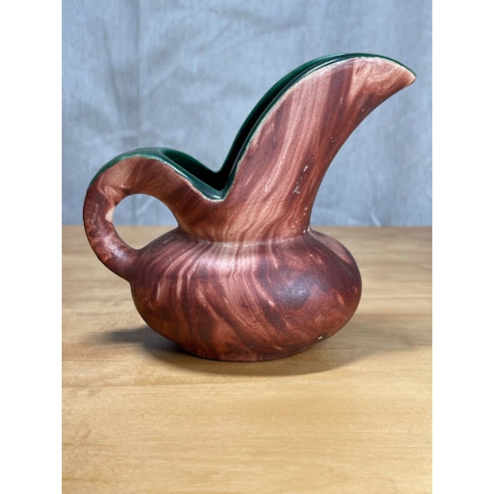 Vintage Nemadji Clay Pottery Pitcher Swirl Marbled Brown Tan Forest Green Glaze